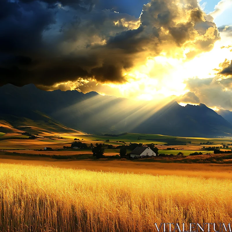 Sunlit Field at the Foot of Mountains AI Image