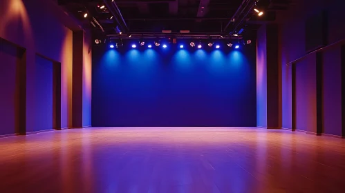 Spacious Room with Blue Lighting and Stage Setup