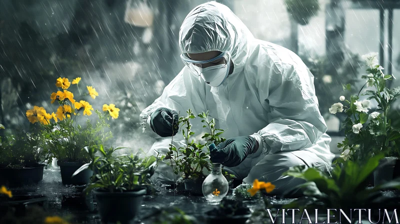 Person in protective suit tending to flowers AI Image