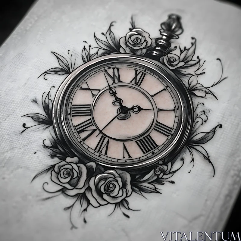 Vintage Pocket Watch and Roses Tattoo AI Image