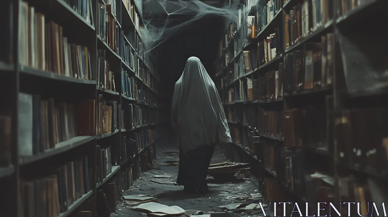 AI ART Ghostly Figure in Abandoned Library