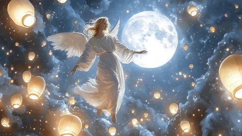 Moonlit Angel with Floating Lanterns