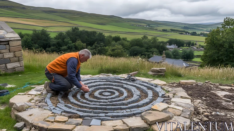 Man Building Stone Art in Nature AI Image