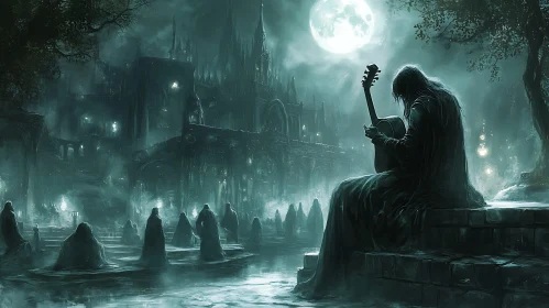 Gothic Guitar Player in Moonlight