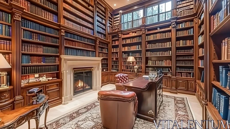 AI ART Classic Library Interior with Leather Chairs