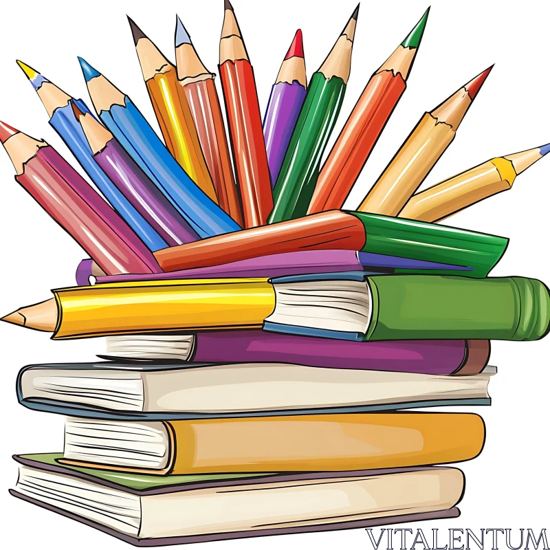 Stack of Books with Pencils Art AI Image