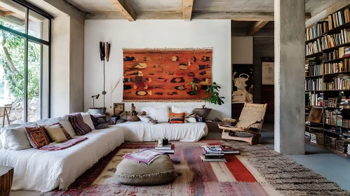 Eclectic Living Room with Bookshelves and Textiles