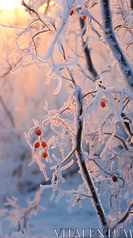 Winter Sunrise with Frosted Branches and Berries AI Image