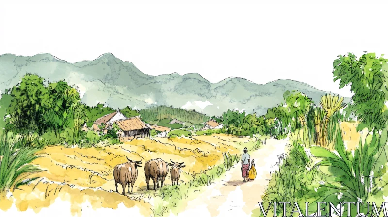 Watercolor Landscape with Water Buffalo and Mountains AI Image