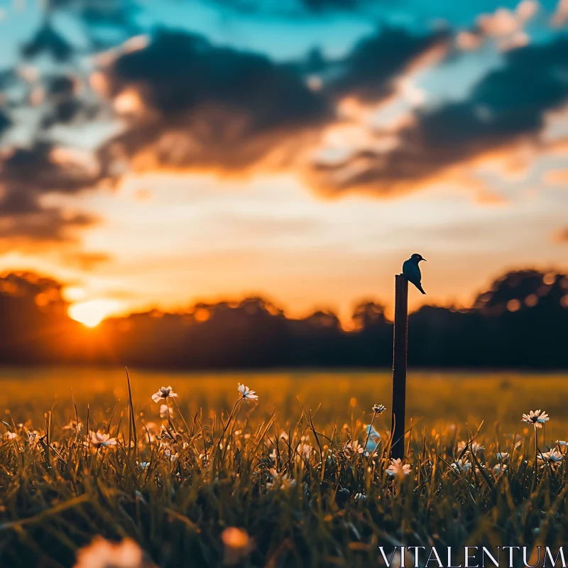 Sunset Serenity: Bird on a Post AI Image