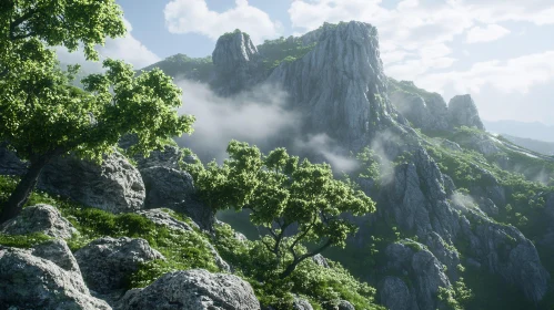 Mountainous Terrain with Trees and Mist