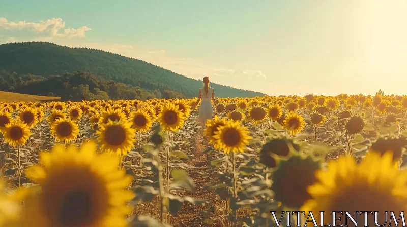 AI ART Golden Sunflower Field with Woman Walking