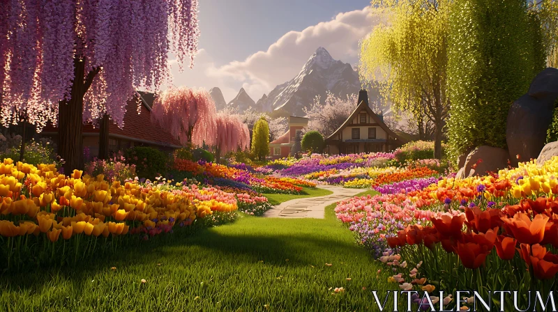 Vibrant Flowerbed with Mountain View AI Image