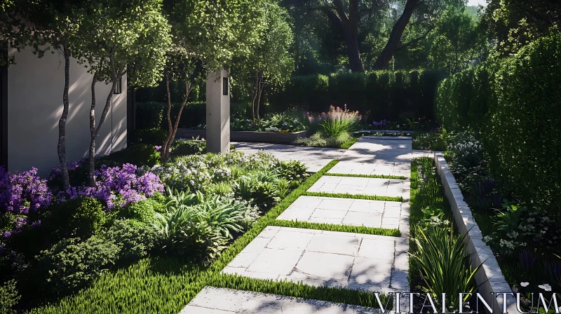 Lush Garden View with Stone Pathway AI Image