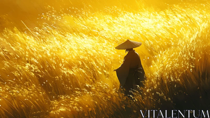 Figure in Golden Field Contemplative Journey AI Image