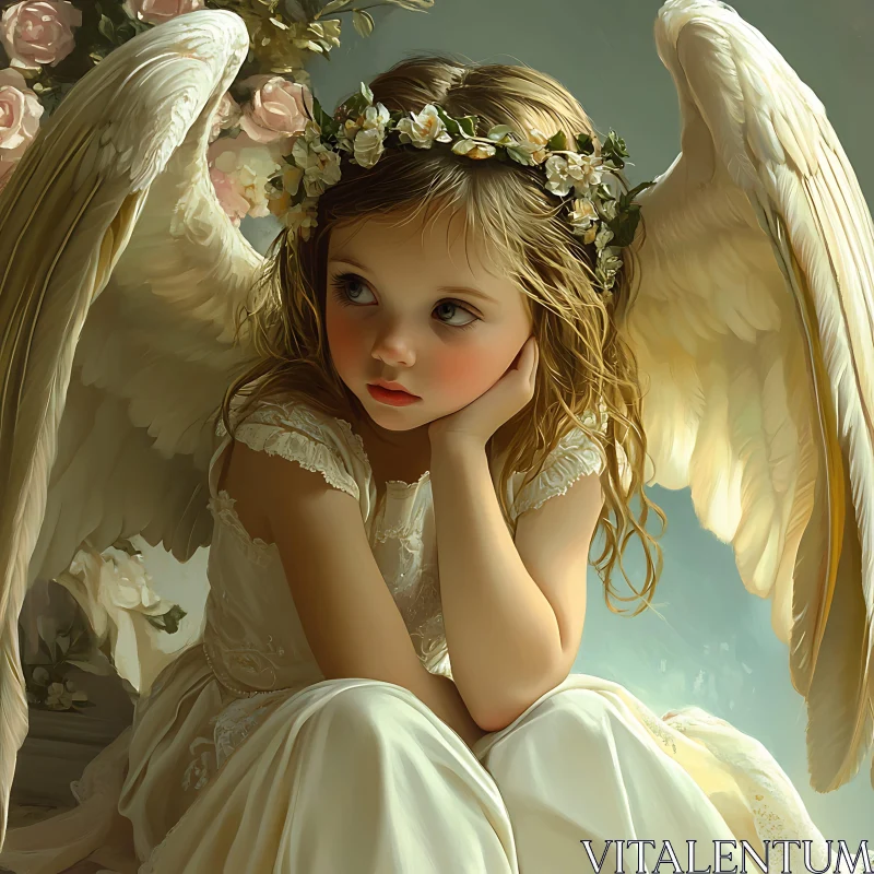 Pensive Angel with Wings and Flowers AI Image