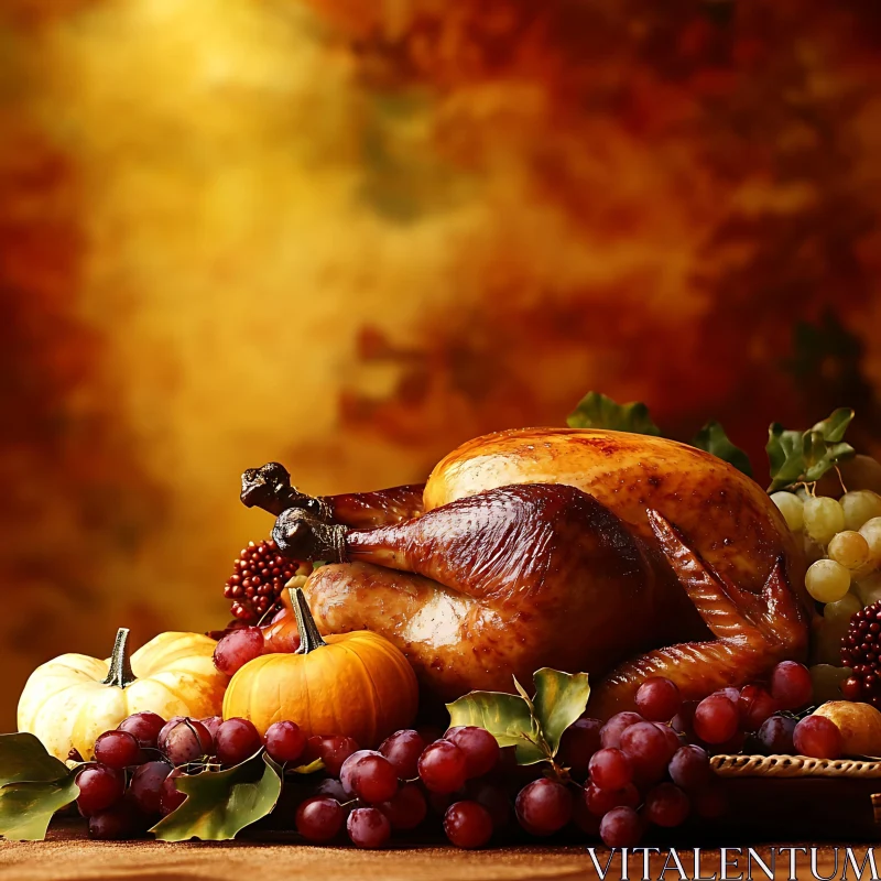 Festive Thanksgiving Turkey with Grapes and Pumpkins AI Image