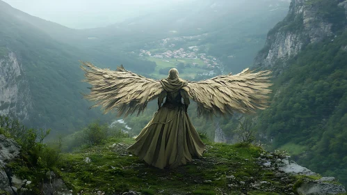 Winged Figure Overlooking Misty Valley