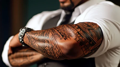 Detailed Tribal Arm Sleeve Tattoo