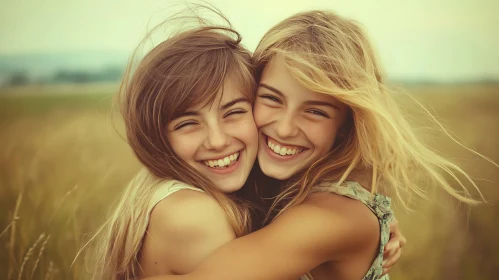 Two Friends Embracing in a Field