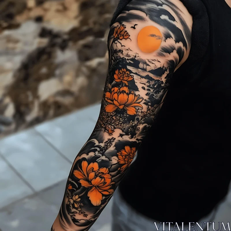 Intricate Floral and Sun Arm Tattoo AI Image