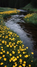 Peaceful River and Vibrant Yellow Flowers in a Lush Meadow