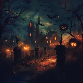 Halloween Night Scene with Glowing Pumpkins