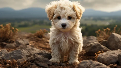 Backlit White Puppy on Rocks: A Display of Intricate Detailing and Vibrant Colorism