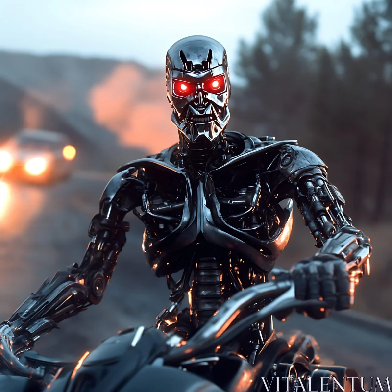 Robot with Red Eyes Riding Motorcycle AI Image