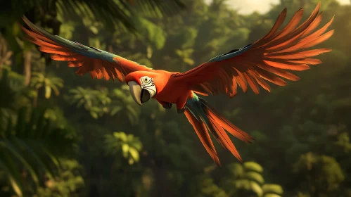 Tropical Parrot Flying in Green Forest