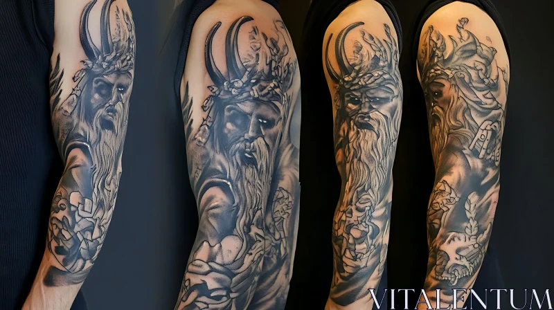 Intricate Black and Grey Sleeve Tattoo of a Mythological Warrior AI Image