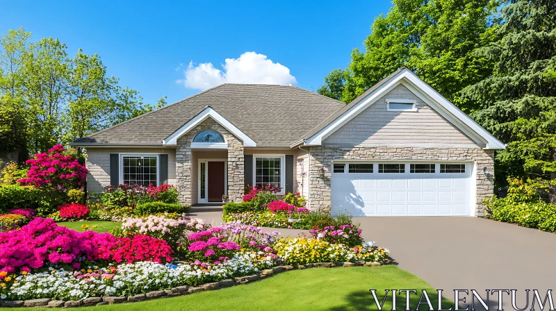 Beautiful Home Exterior with Flower Garden AI Image