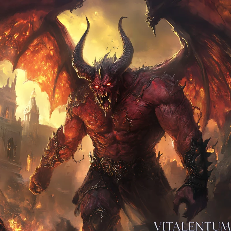 AI ART Red-Skinned Demon with Fiery Wings