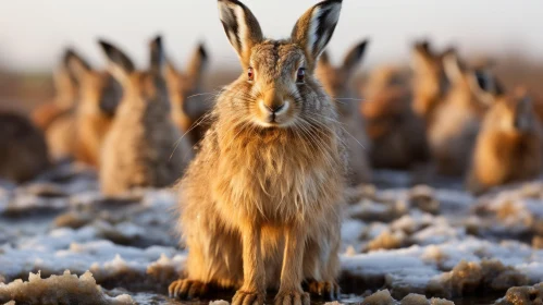 Golden Light Hares in Snow - A Serene Rural China Scene