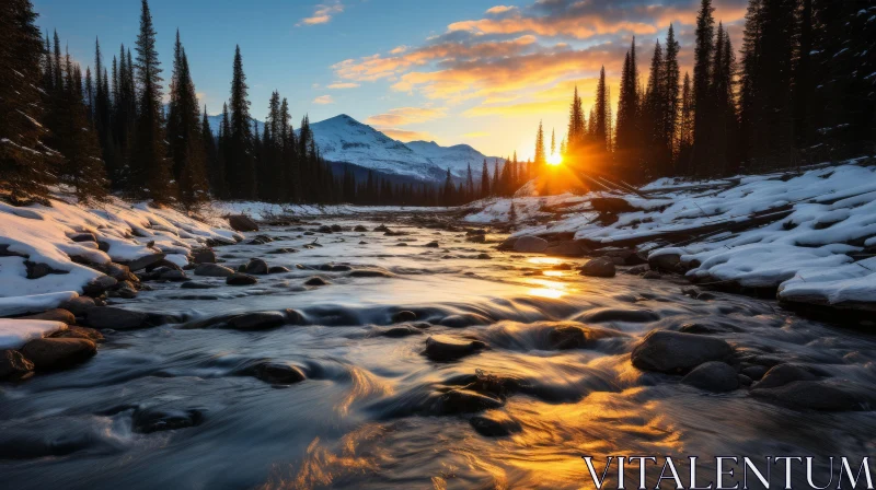 Golden Light on Snowy Wilderness: A Captivating Nature Scene AI Image