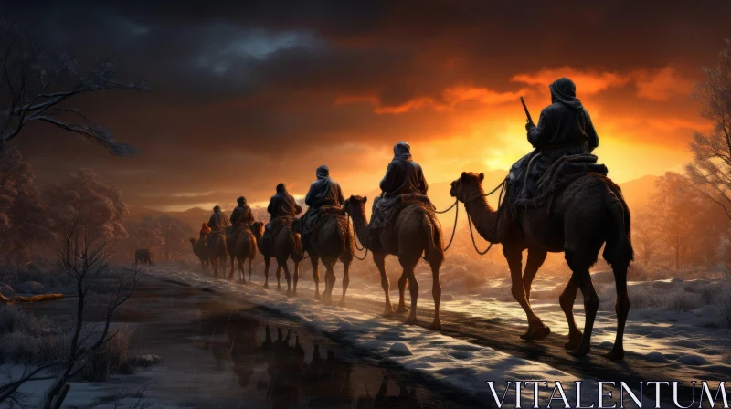 Historical Sunset Voyage - People Riding Camels on Snowy Road AI Image