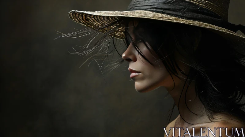 AI ART Mysterious Woman in Straw Hat with Black Ribbon - Studio Portrait