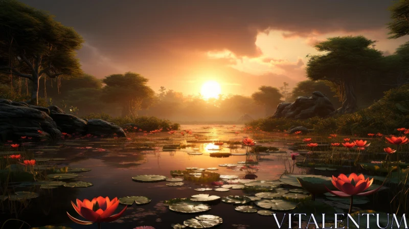 Sunset Over Lily Pond: An Exotic Landscape in Unreal Engine 5 Style AI Image