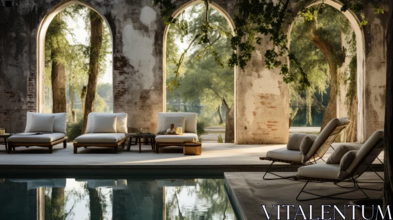 Tranquil Lounge Area by Pool: Italian Landscapes and Modern Design AI Image