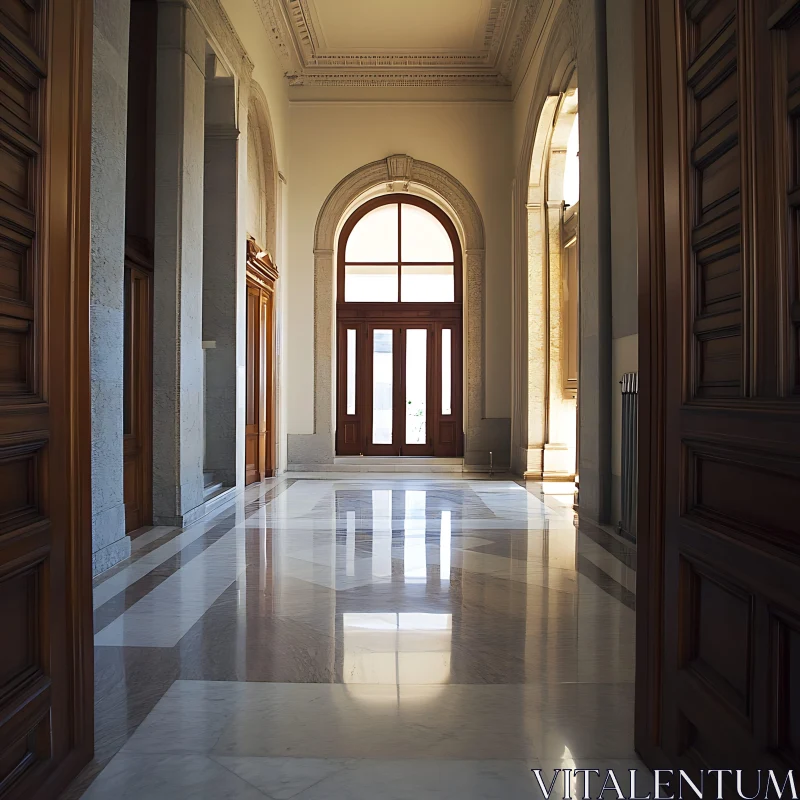 AI ART Symmetrical Hallway with Reflective Marble Floor