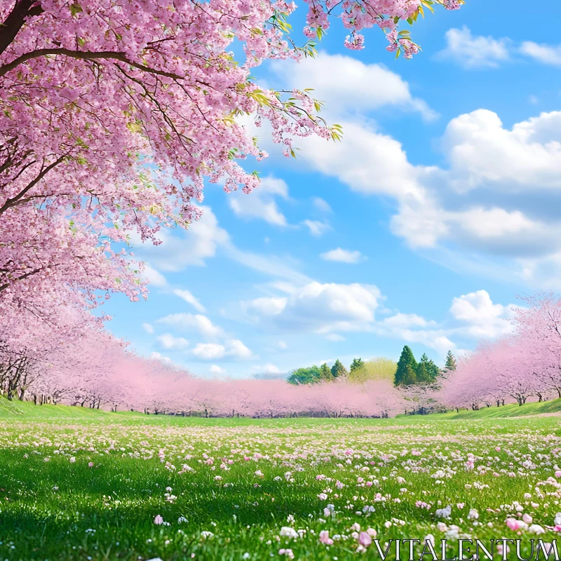 Cherry Blossoms Field with Blue Sky AI Image