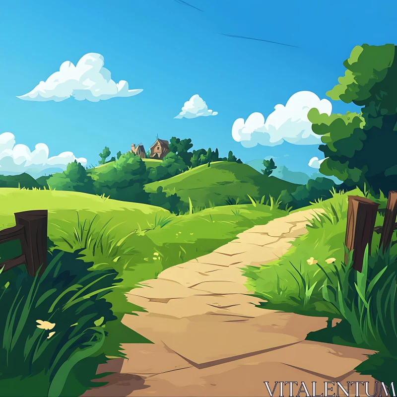 Green Hills and Blue Sky Landscape AI Image