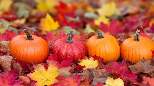 Pumpkins on Colorful Fall Leaves