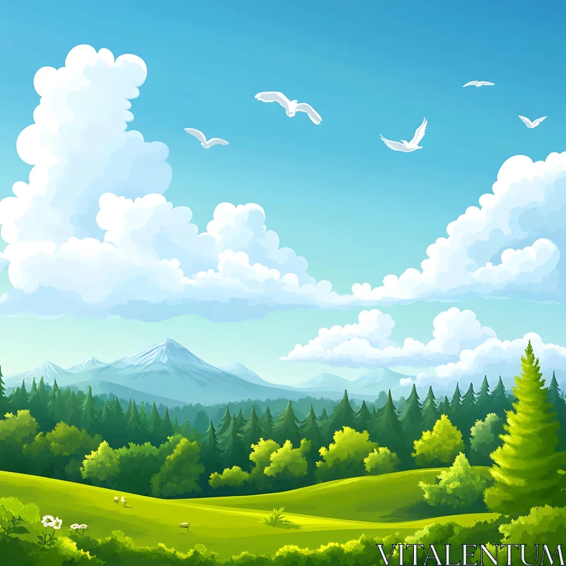 AI ART Cartoon Landscape with Forest and Birds