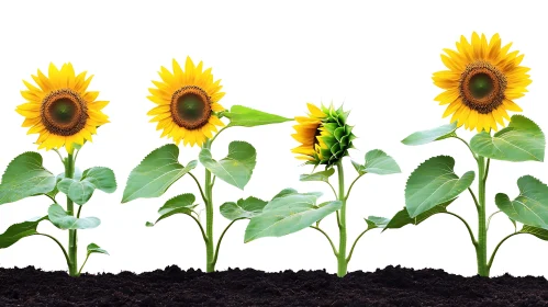 Four Sunflowers Against White Background