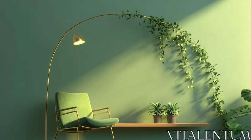 Calm Green Interior with Chair and Plants AI Image