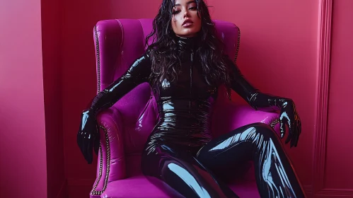 Stylish Woman in Latex Suit on Pink Chair