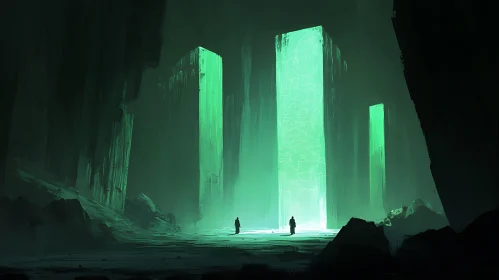 Ethereal Green Monoliths in Abstract Landscape