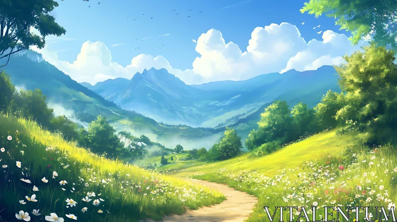 Tranquil Mountain Meadow Landscape AI Image