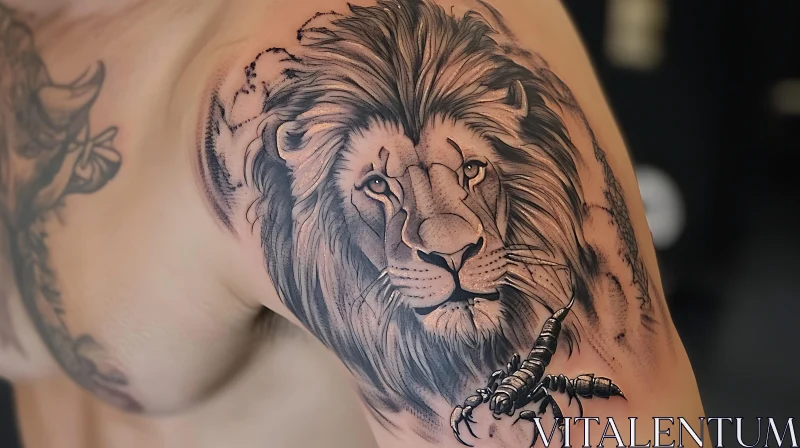 Majestic Lion and Scorpion Tattoo Art AI Image